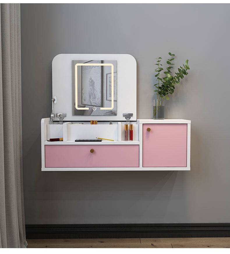 悬挂式梳妆台 壁挂式梳妆台挂墙悬空粉色化妆柜小户型公主风带灯智能