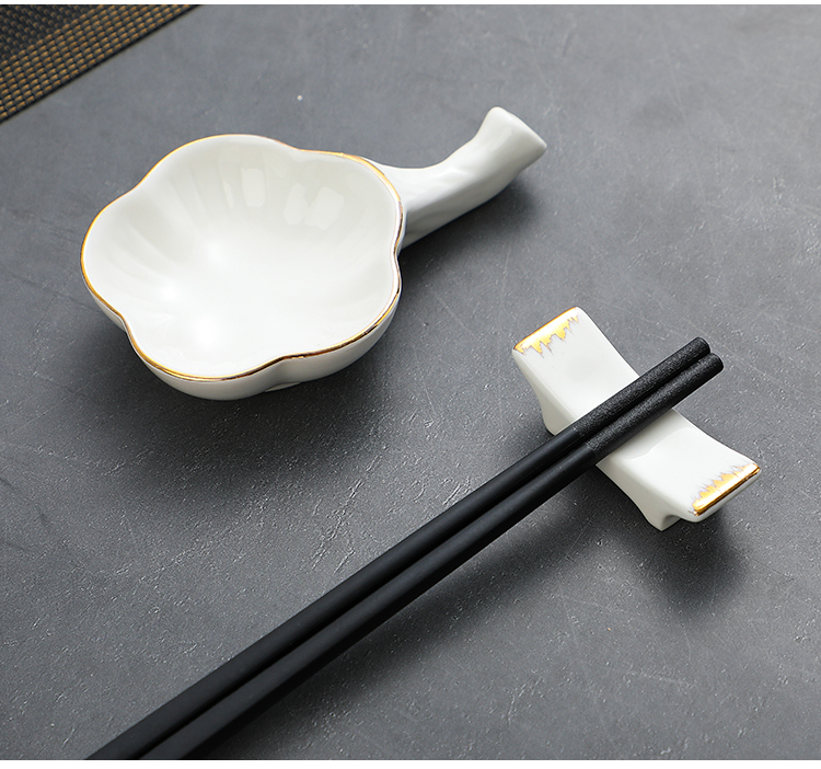 陶瓷摆台公筷三用筷架筷托架中式酒店餐厅两用白色筷子架托金边 拱桥