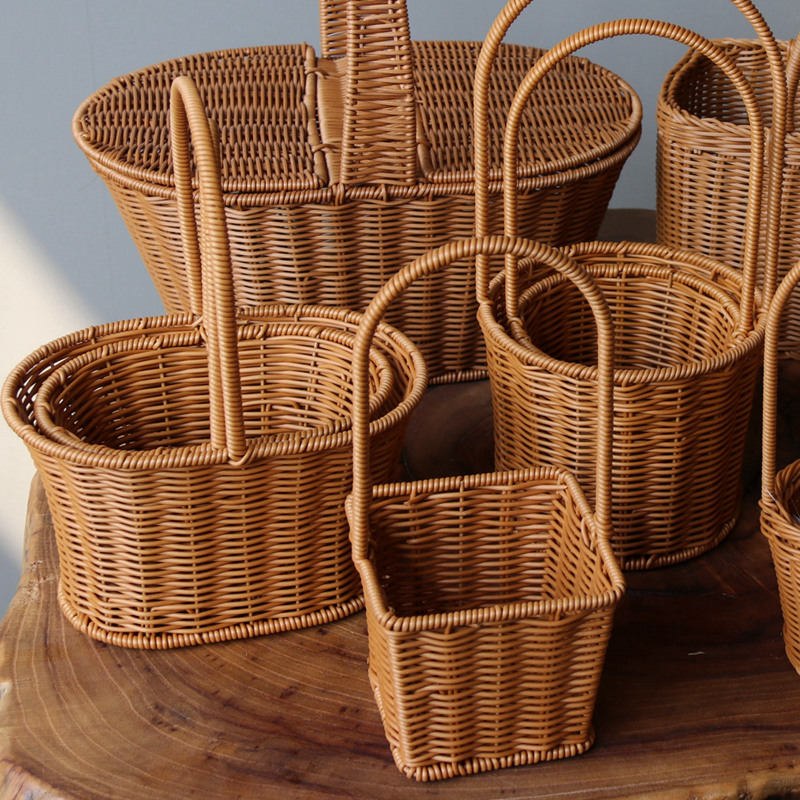 藤筐编织篮藤条筐 田园风系列藤编手提篮 塑料藤仿藤手工编织花篮