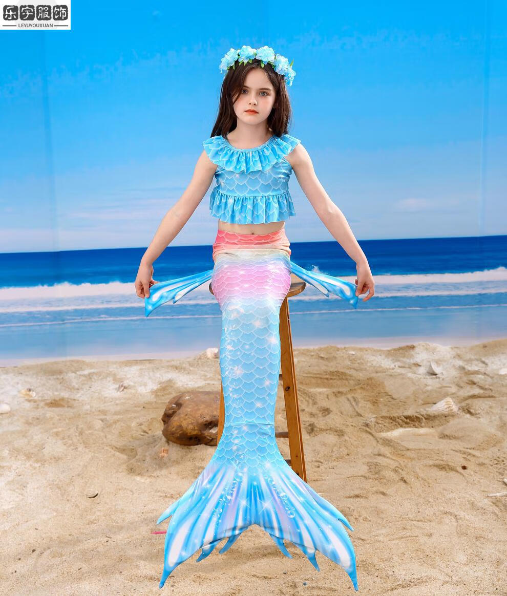 小女孩游泳穿的女童美人鱼尾巴衣服中大童游泳套装夏儿童泳衣分体人鱼