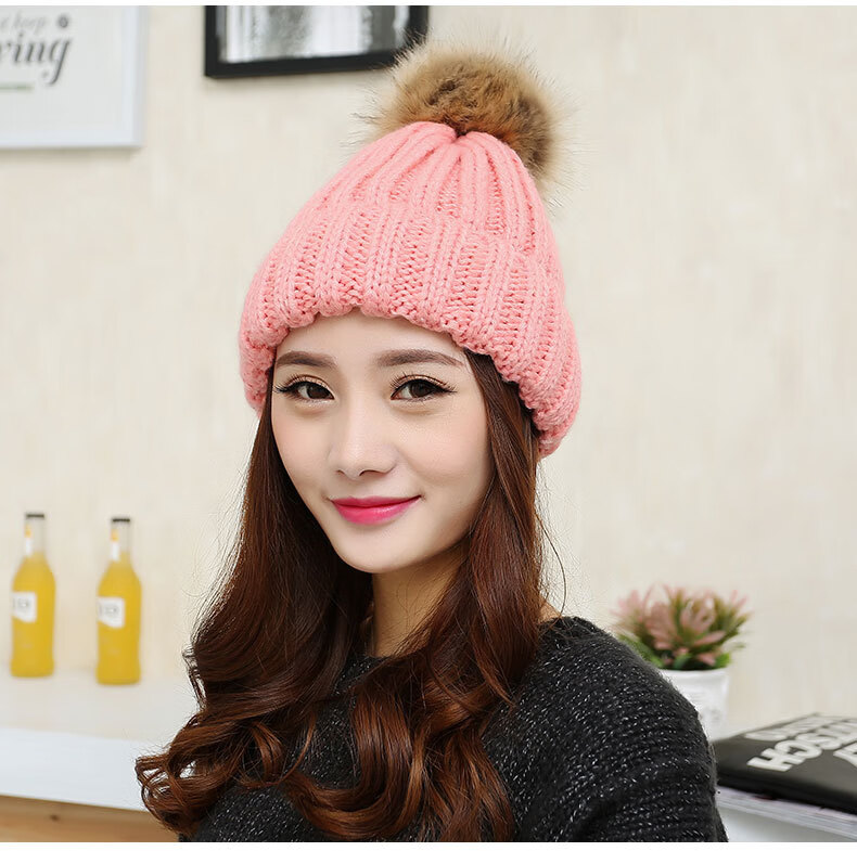 mr新品毛线帽9韩版单色大毛球针织帽冬季女士保暖毛线帽子 藏青色