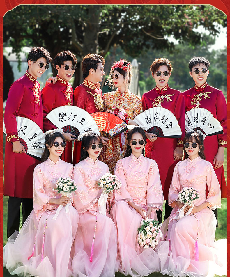 舒弗星中式伴娘服姐妹团女新款冬季结婚礼服风伴郎服团搞笑唐装ah003
