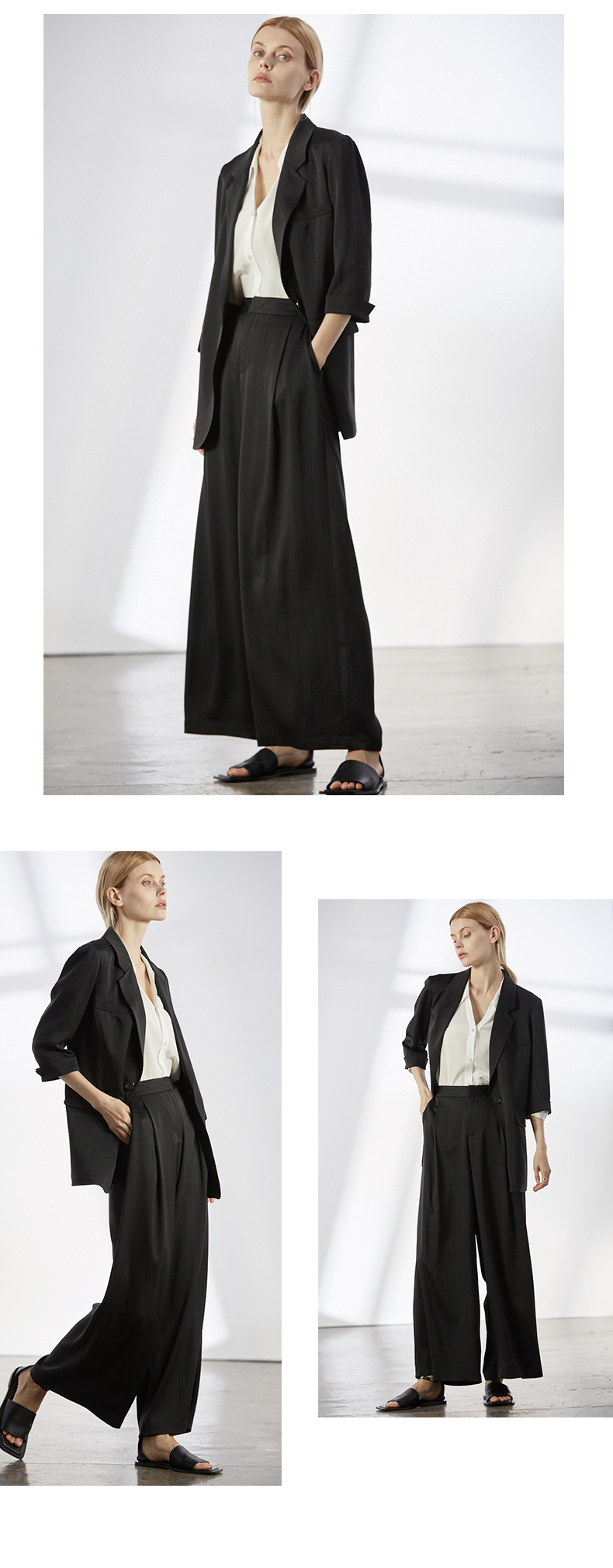 jac女装条纹透气醋酸提花西装外套女七分袖复古中长外套hx01107 黑色