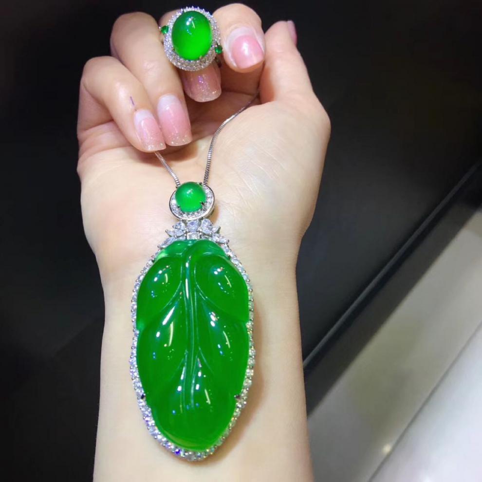 溯悠翡翠吊坠帝王绿天然玉树叶大家大业大色戒指925银镶嵌绿宝石女