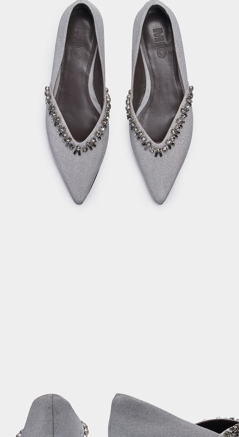 mio米奥女鞋细闪吸睛碎钻v型口平底浅口尖头单鞋银色34