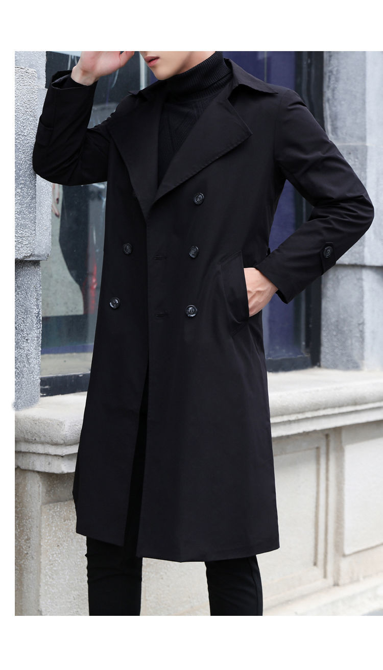 秋季薄款男士过膝商务领韩版修身帅气休闲舒适新款中长款风衣黑色y168