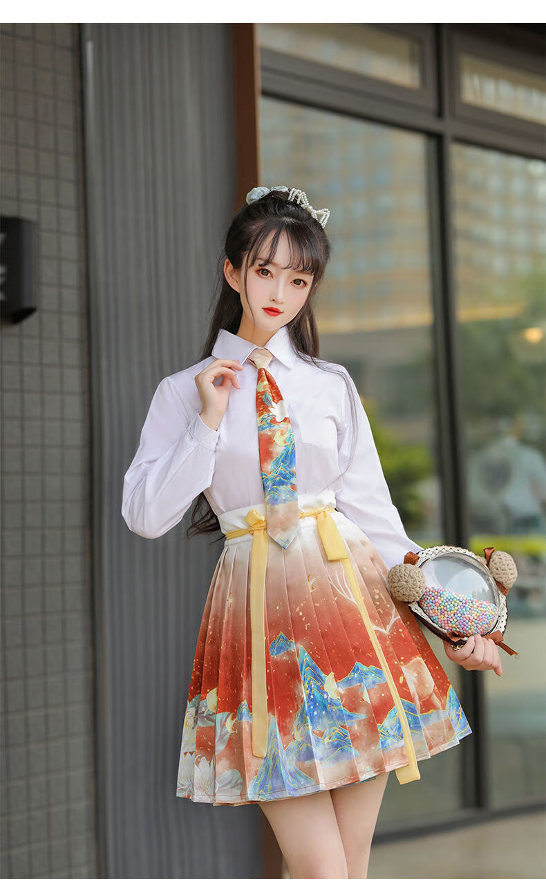 汉服女成人三月兮汉服女改良国风汉元素百褶裙夏jk制服学生渐变蓝色