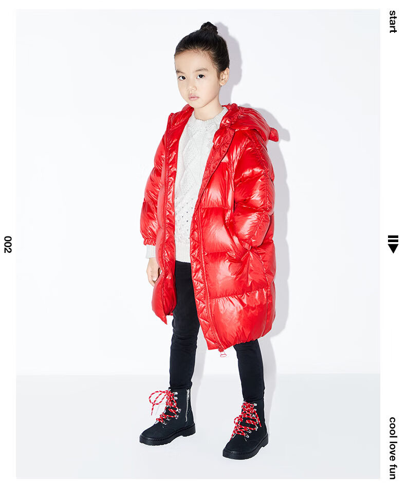 littlemoco童装秋装新款女童羽绒服连帽中长款灰鸭绒红色外套大红色