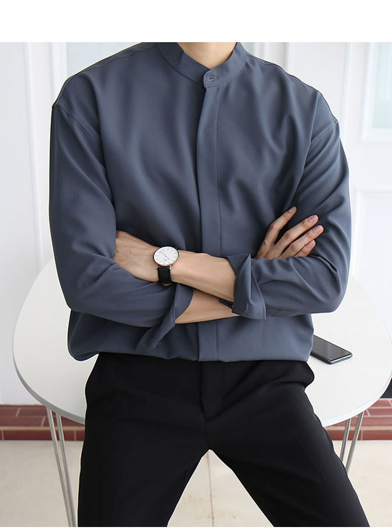 2022新款感深蓝色衬衫男长袖垂感免烫帅气立领衬衣男韩版深蓝色s90120