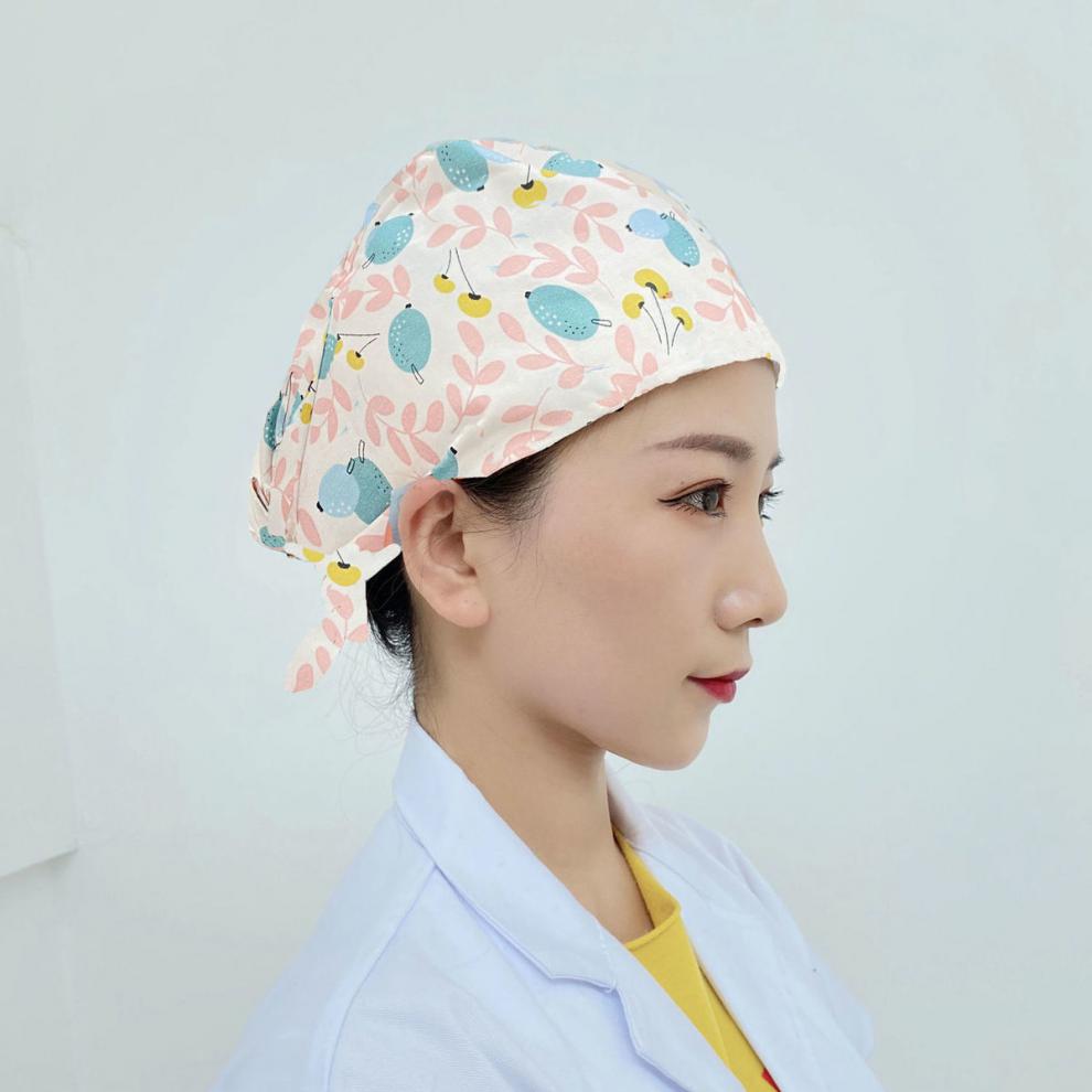 护士帽圆帽室帽子男女印花可爱包头帽薄款透气口腔护士帽工作帽粉色