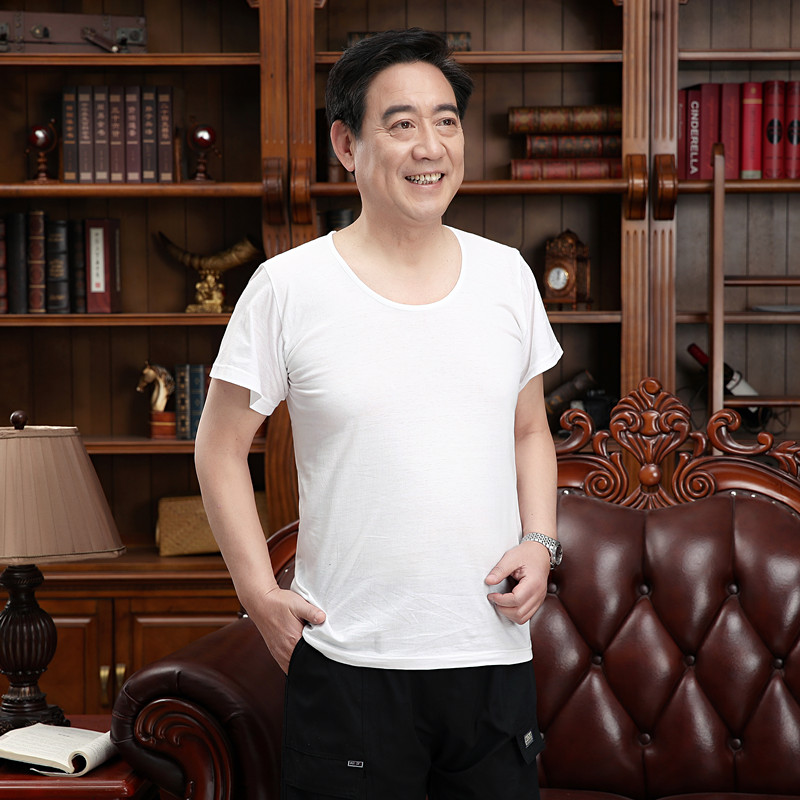 中年短袖t恤宽松中老年人白汗夏天爸爸半袖老头爷爷白色短袖l105