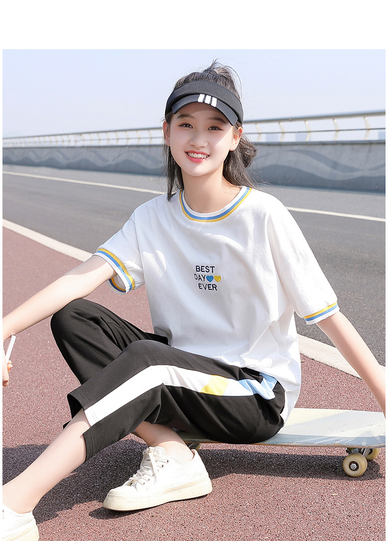 12少女孩大童13初高中学生套装夏装15-18岁中夏季女女装纯棉短袖七分