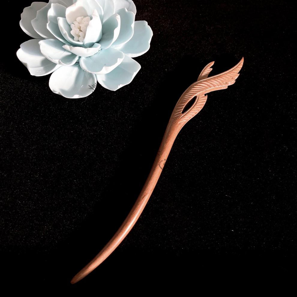 を美印情ワ 桃木簪子日系 国风霸气凤翎盘发木质发簪弯丸子头钗子网红