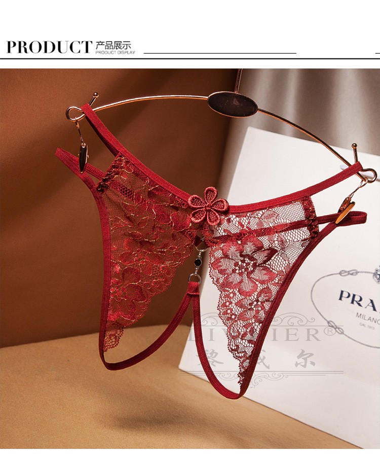 黎威尔品牌蕾丝开档内裤女免脱诱惑开裆火辣性感薄丁字裤红色均码