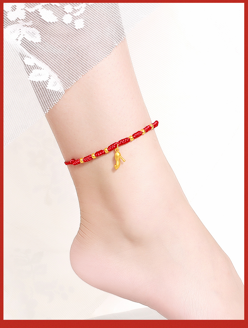 老凤祥款式老凤凰老凤凰脚链黄金 999足金高跟鞋红绳编织脚环3d硬金金