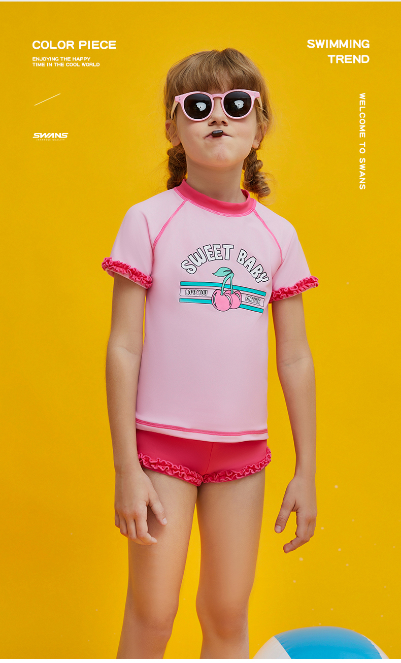swans儿童泳衣女宝宝游泳衣新款可爱木耳边中大童分体泳装粉色分体