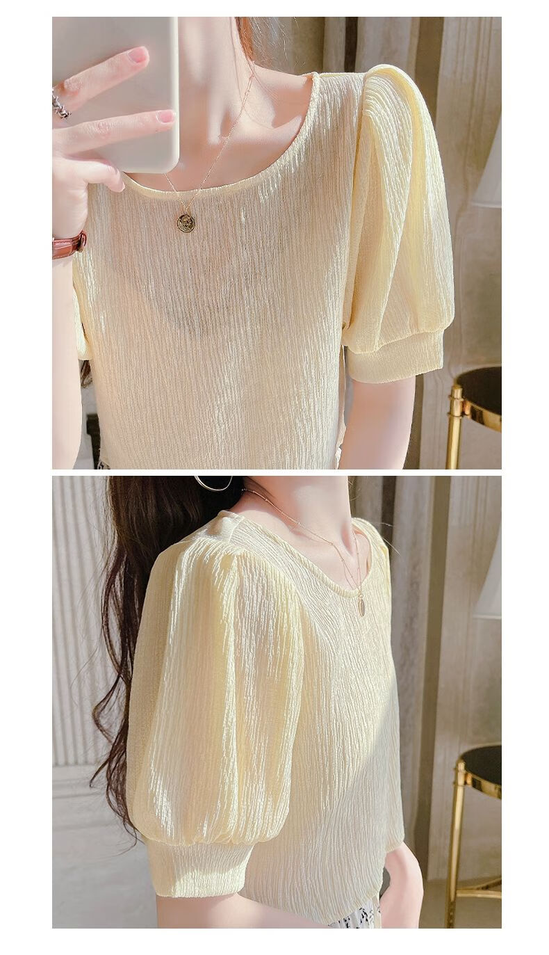 雪纺衫法式宽松短袖女夏小衫甜美泡泡袖高腰短款上衣薄杏色m100110斤