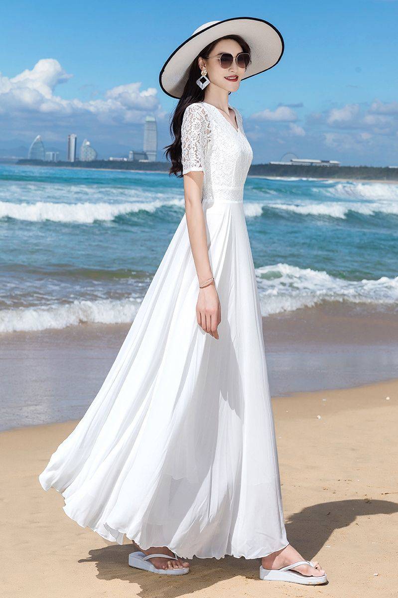 连衣裙女夏新款蕾丝雪纺沙滩裙显瘦遮肉收腰时尚减龄长裙仙气飘飘q