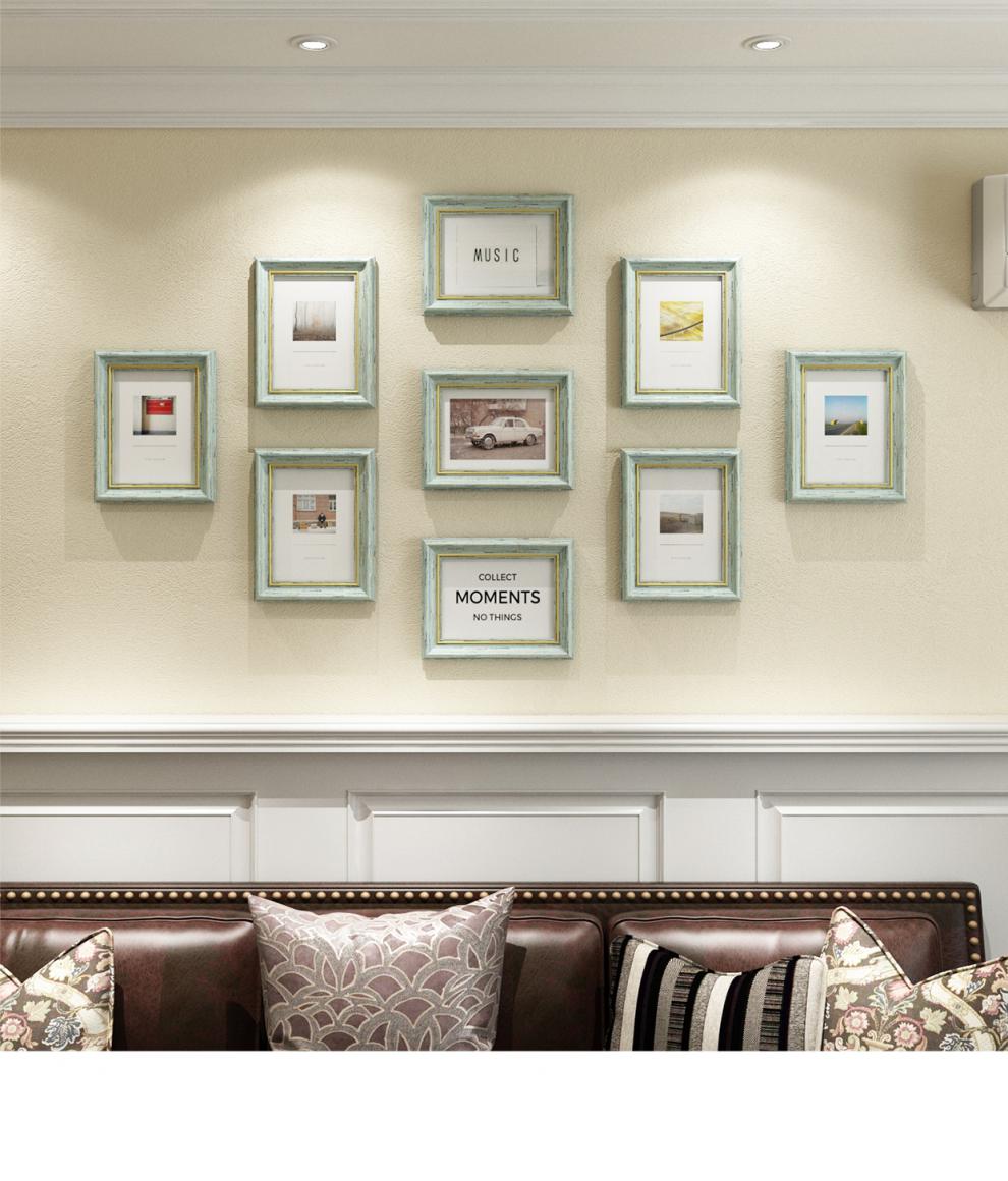 怀旧卧室客厅背景墙装饰组合框加洗照片墙上挂的7寸9框复古蓝照片墙