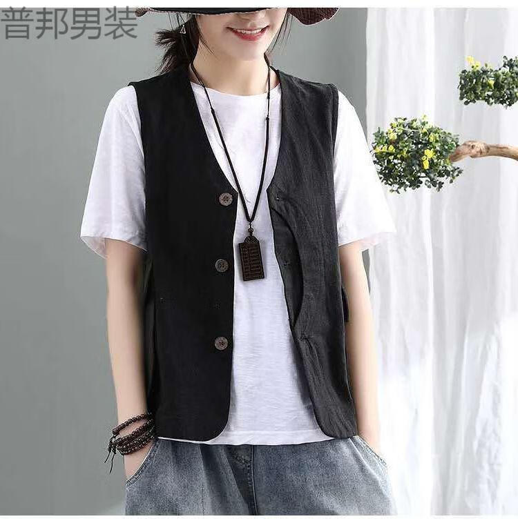 夏天亚麻马甲马夹女单的夏装复古麻女宽松无袖坎肩大口袋短款背心外套
