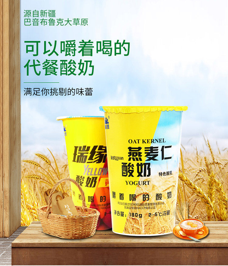 新疆瑞缘燕麦仁酸奶瑞源黄桃味代餐酸牛奶杯装180g6杯整箱口粮黄桃味