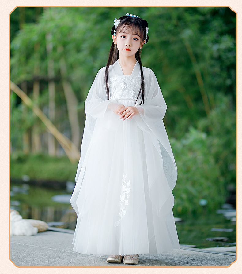 汉服女夏天女童民族服装10岁小女孩中国风襦裙夏季中大童仙女裙白色童