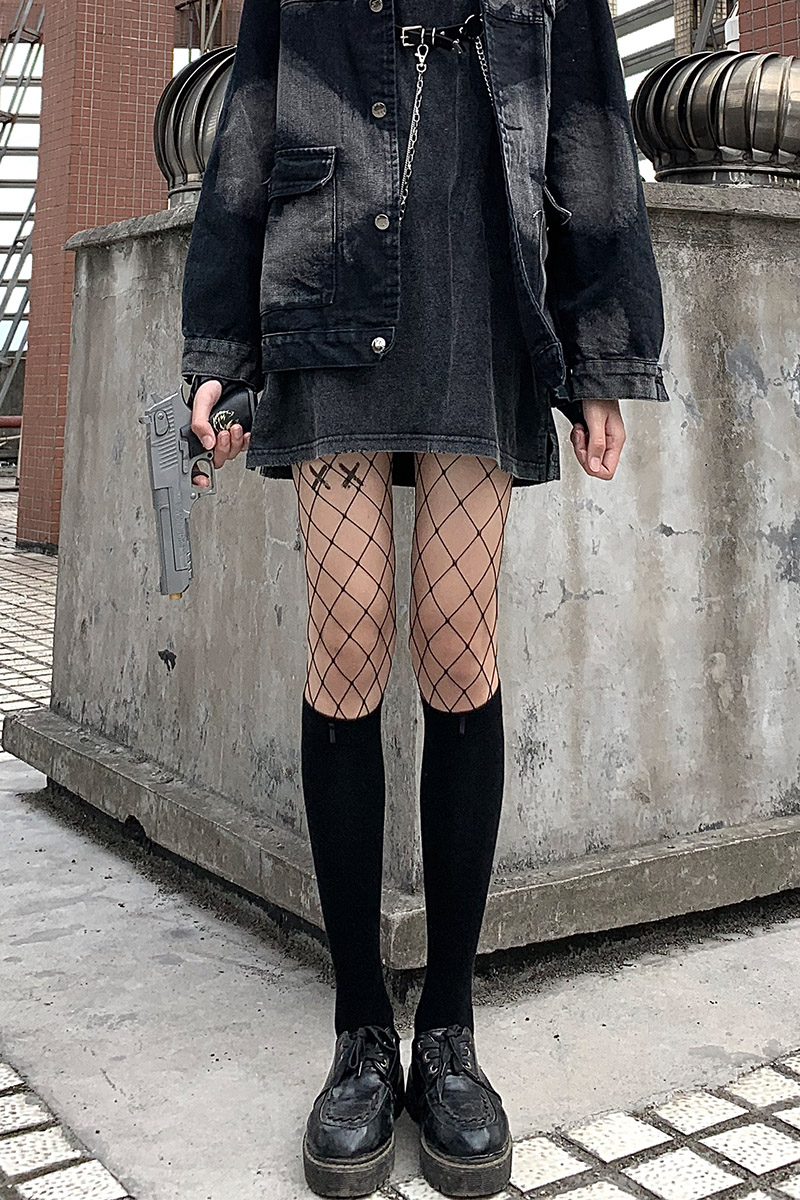 鲨影黑色渔网袜连裤黑丝袜镂空大网格袜子女鱼过膝长筒夏季白色性感