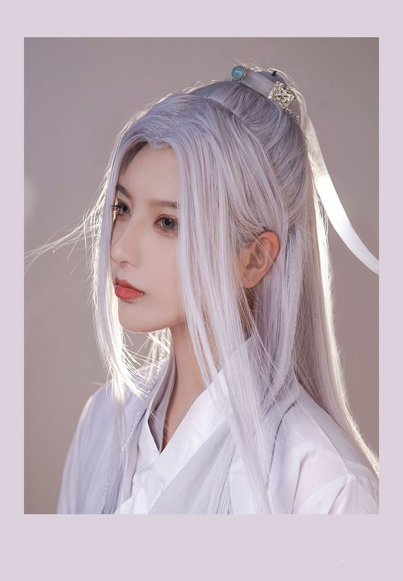 片希 汉服假发长发白色古装古风cos男女万用直发中分刘海自然全头套式