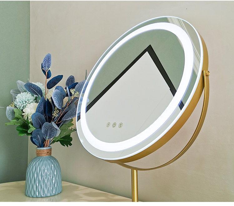 智能led化妆镜台式led灯桌面梳妆镜子带灯卧室灯圆简约网红美妆镜黑色