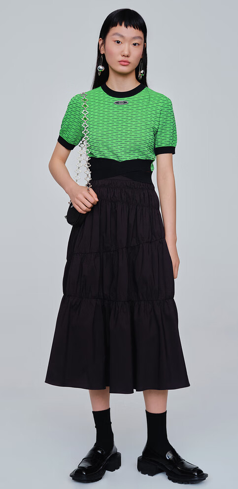 hs21夏装新款女装高腰设计感小众褶皱不规则黑色半身裙中长款裙子