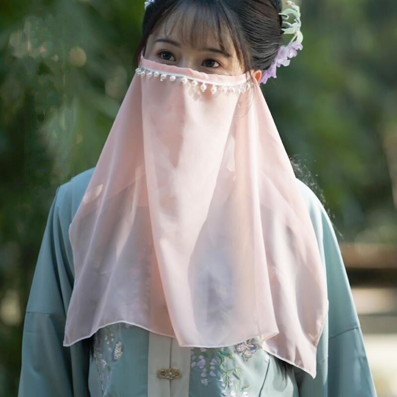 汉服面纱汉服珍珠面纱古风遮面帘宋制舞蹈遮面纱少女学生古装配饰蒙面