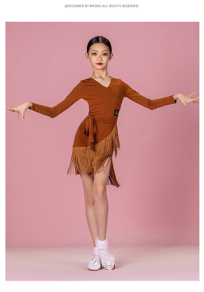 mideelkun中大童拉丁舞春秋款女孩服装舞蹈裙女童国标舞练功儿童裙