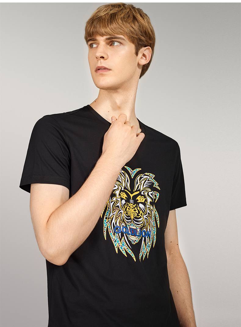 金利来奥特莱斯男装春夏季舒适纯棉狮子图案圆领黑色休闲男士短袖t恤