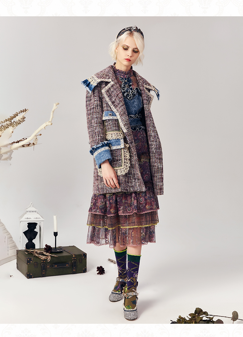 lulualways我爱露露钉珠散线亮片复古小香风粗毛呢长外套llc1035浅