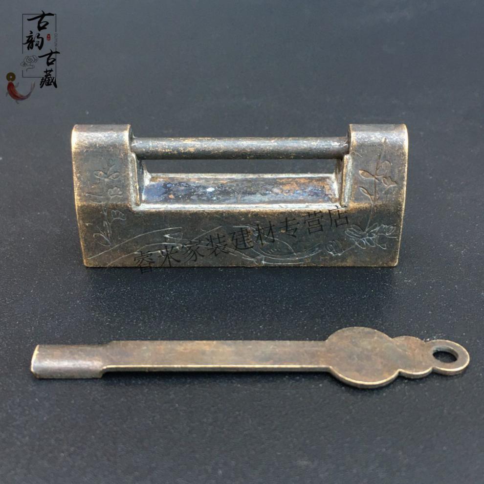 古玩真品老物件清代老铜锁纯铜老式挂锁古代铜锁复古横开木箱插销锁
