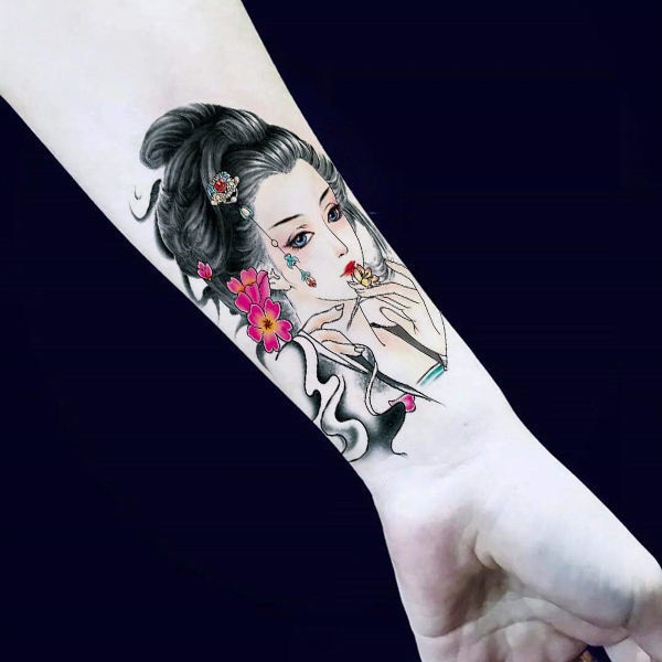 琴怡花臂纹身贴纹身贴男女款防水花臂个性性感美女艺伎花旦臂彩色贴纸