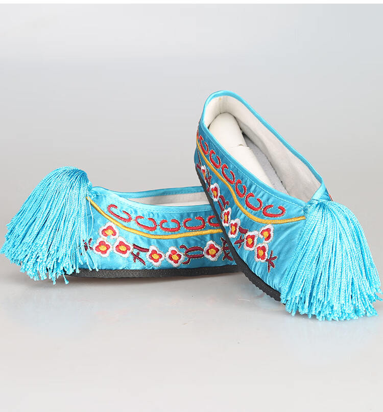戏曲彩鞋平底绣鞋京剧戏剧旦小旦小姐青衣鞋儿童古装鞋女彩鞋 蓝色 35