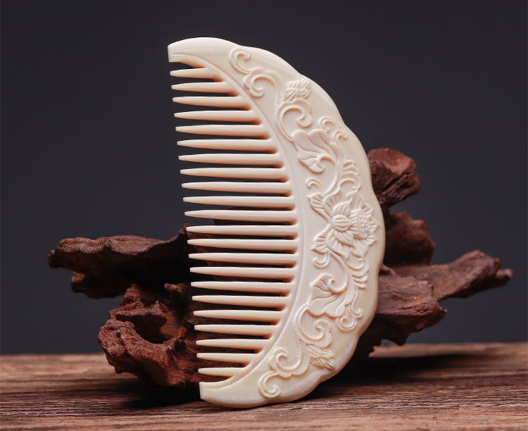 坚银 猛犸象牙富贵莲花牙梳 随身头梳便携梳子牙雕 情侣送礼 【花开