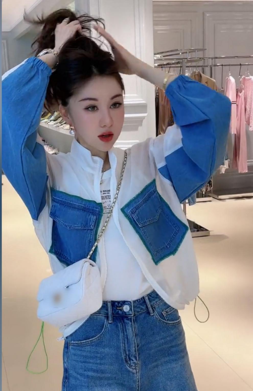 【抖音同款】王颖服饰夏季气质白色拼接牛仔晒外套牛仔短裤套装 白色