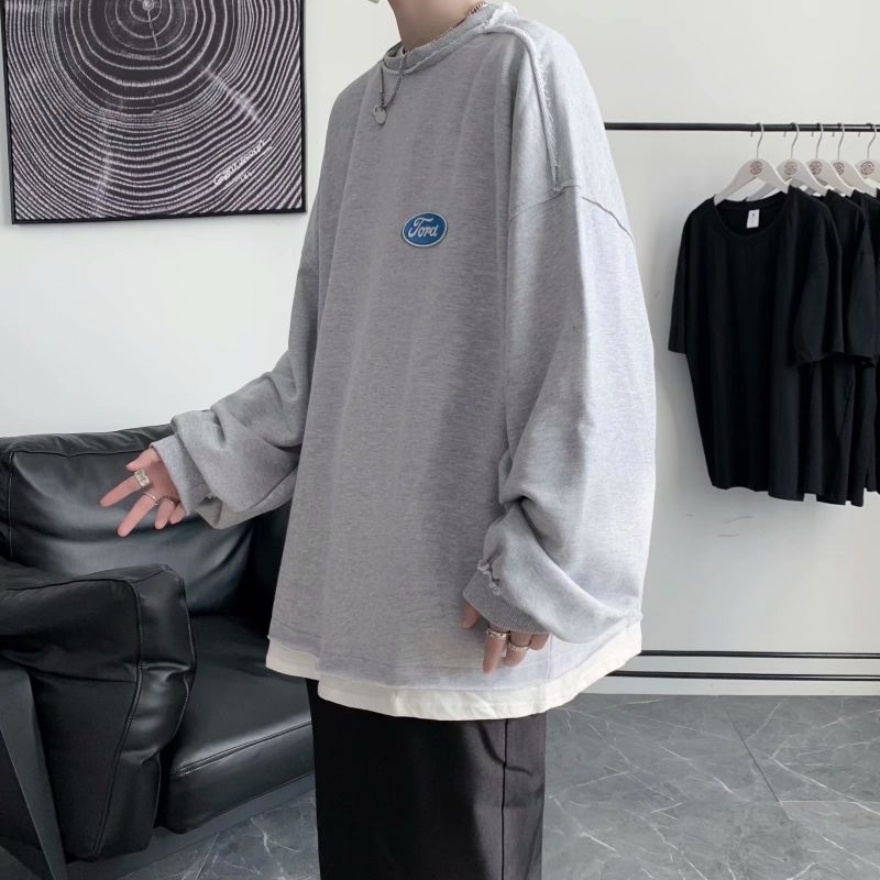 锦天豪客秋季卫衣男长袖 假两件无帽卫衣嘻哈宽松男生ins潮牌原宿港风