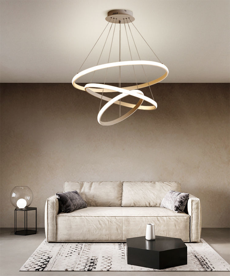 家用客厅吊灯餐厅灯吊线灯现代简约大气三环吊灯创意卧室灯三色变光