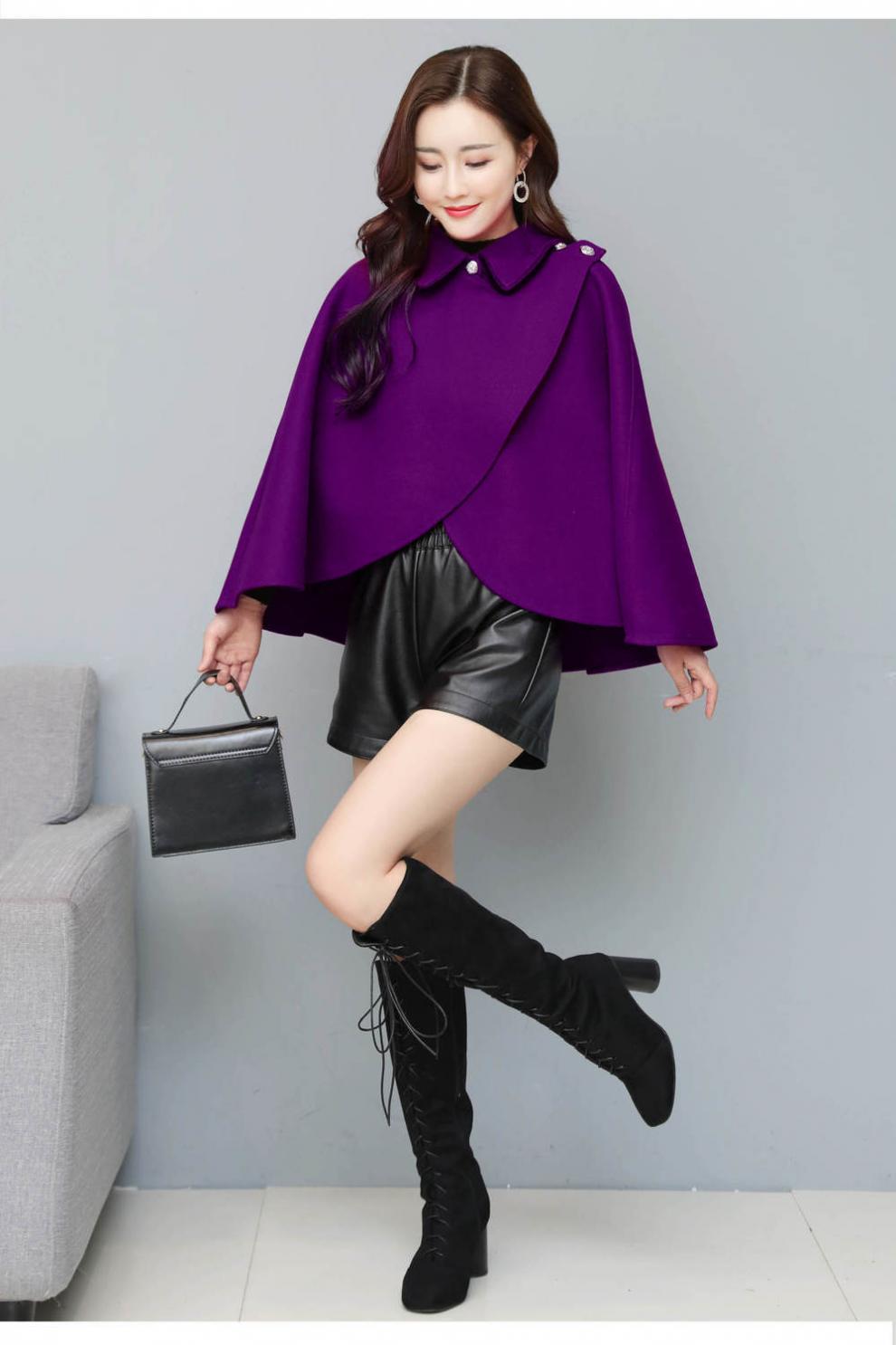 毛呢外套女秋冬季2021新款呢子大衣短款披肩洋气外搭披风斗篷坎肩紫色