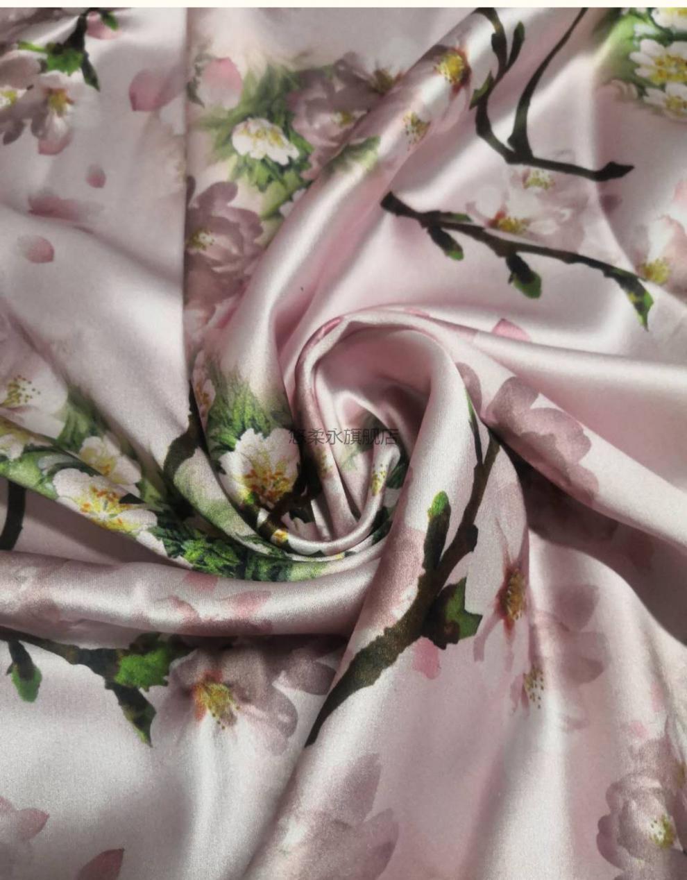 官方旗舰桑蚕丝布料米桑蚕丝面料粉底喷绘印花加厚重缎旗袍裙布料图片