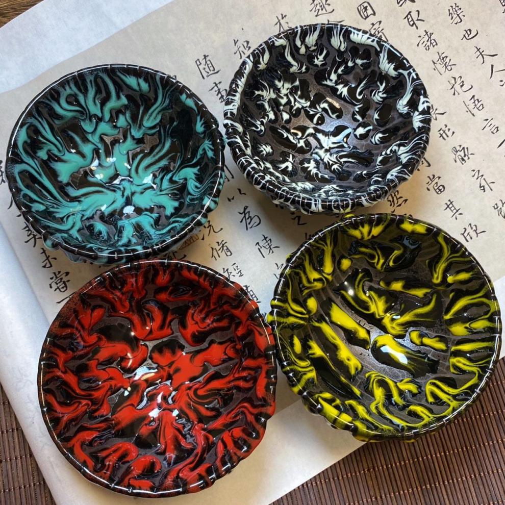 李达建盏建窑四大神兽青龙白虎朱雀玄武茶杯缩釉品茗杯茶具茶盏礼盒装