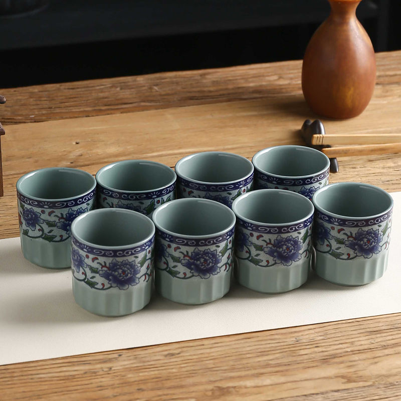 青古瓷青花瓷牡丹复古中式酒店饭店小茶杯酒杯半纹杯陶瓷杯茶具8个装