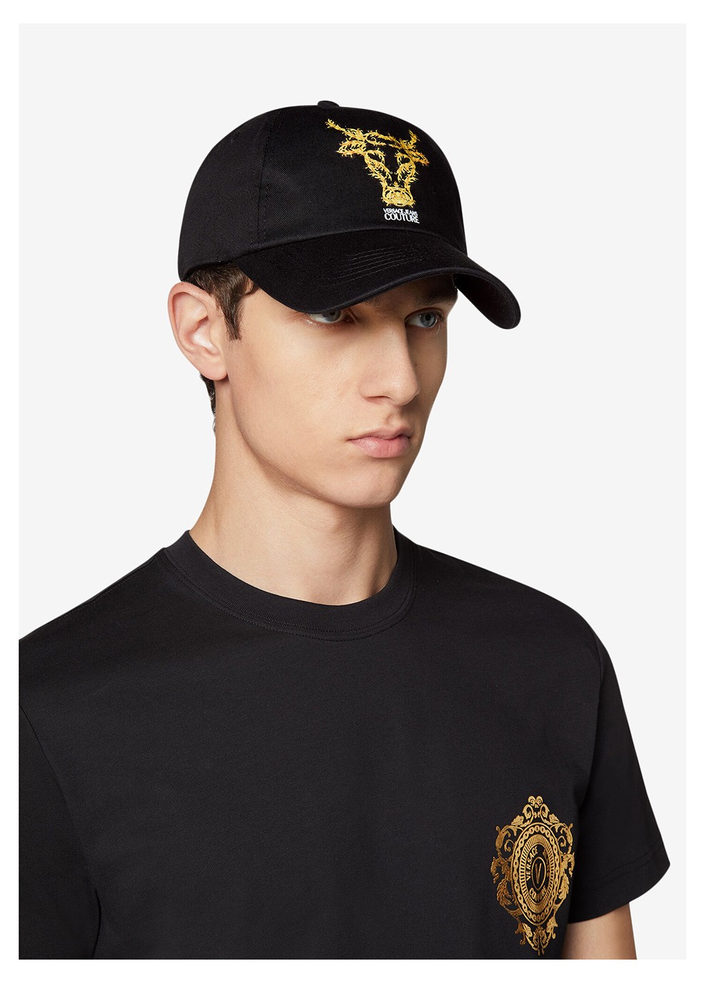 jeans couture 范思哲 男女通用棉质牛生肖徽标印花鸭舌棒球帽子 黑色