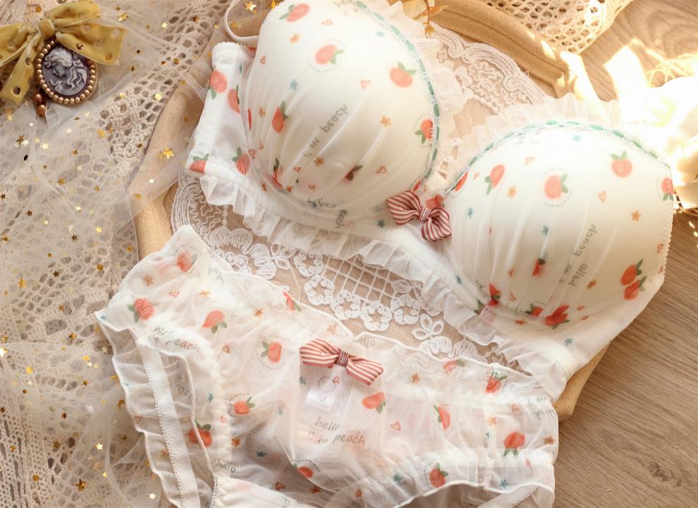 可爱无钢圈水果印花少女文胸套装日系软妹子牛奶丝内衣套装桃子印花