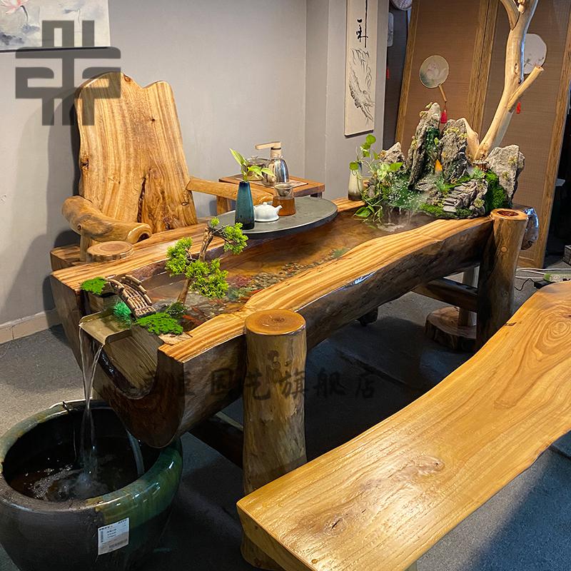 巧妇九妹 流水茶桌景观一体香樟木循环茶台新中式异形根雕曲水流觞
