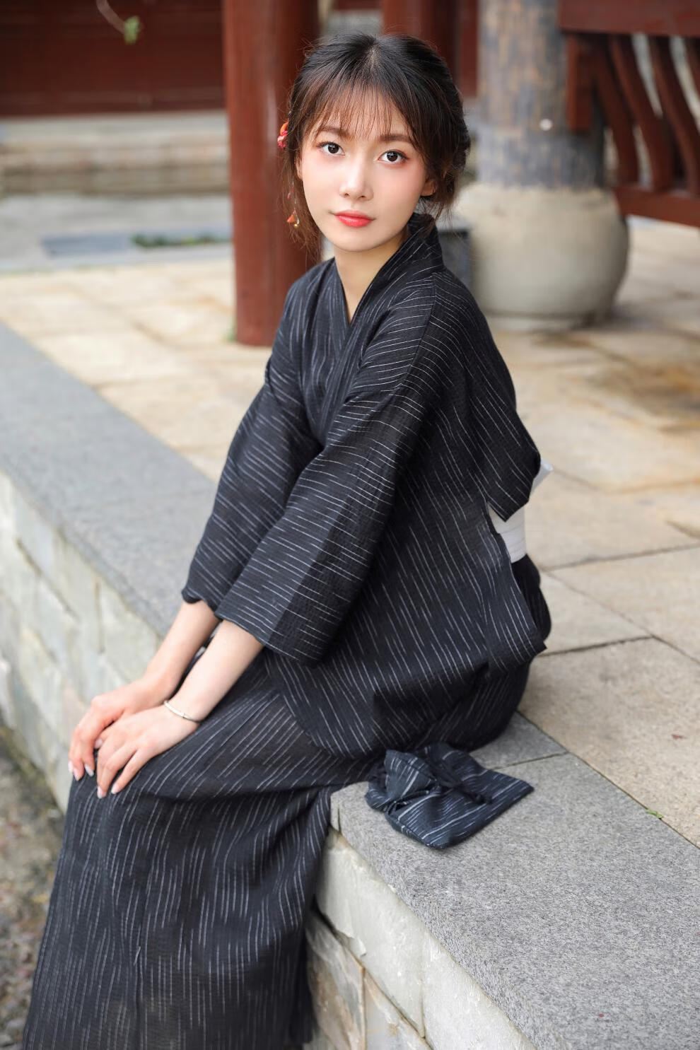 日式和服女正装日本女传统士浴衣长袍桑拿服cos写真服装气质棉麻黑白