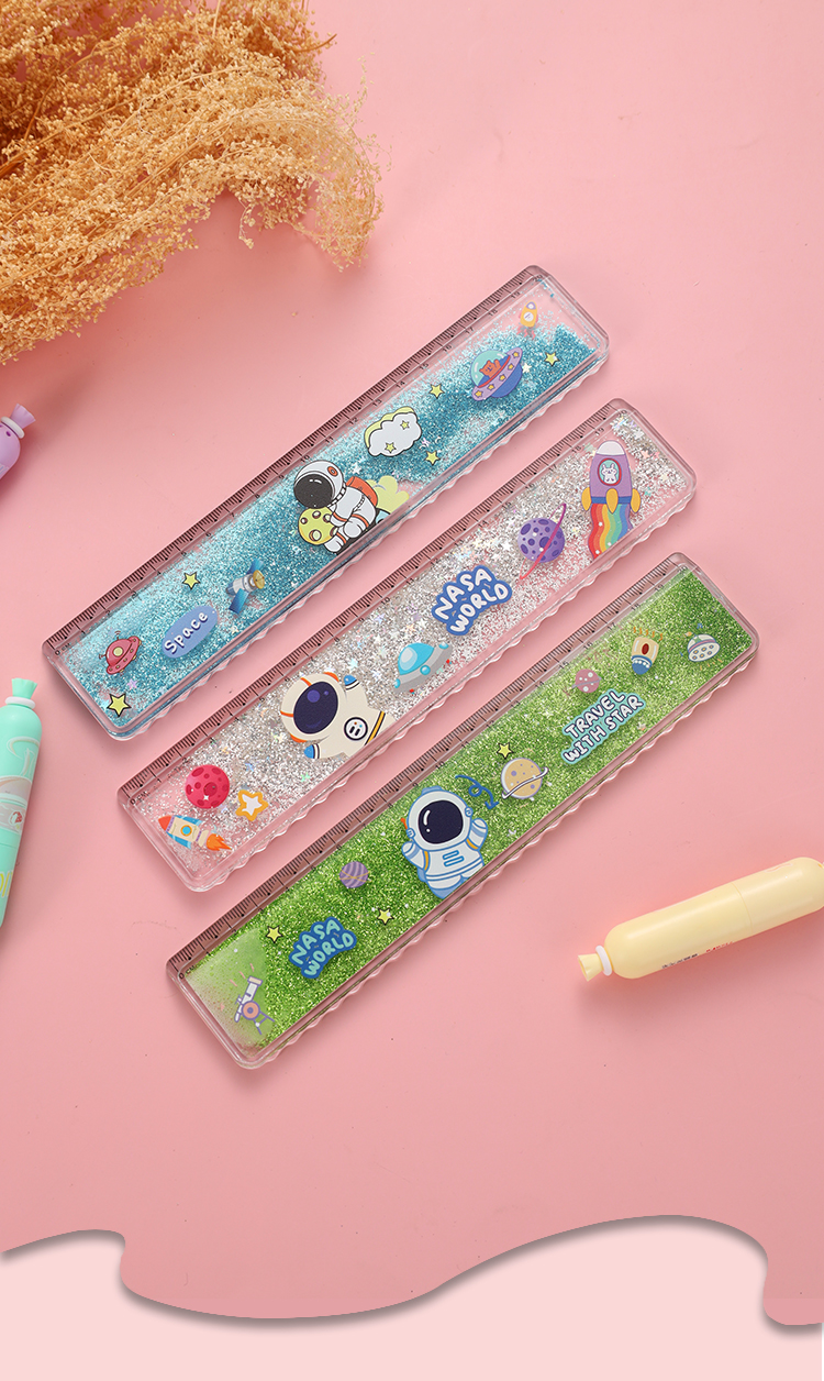 丹熙创意粉色流沙尺子可爱少女心波浪线直线尺20cm儿童直尺流油入油尺